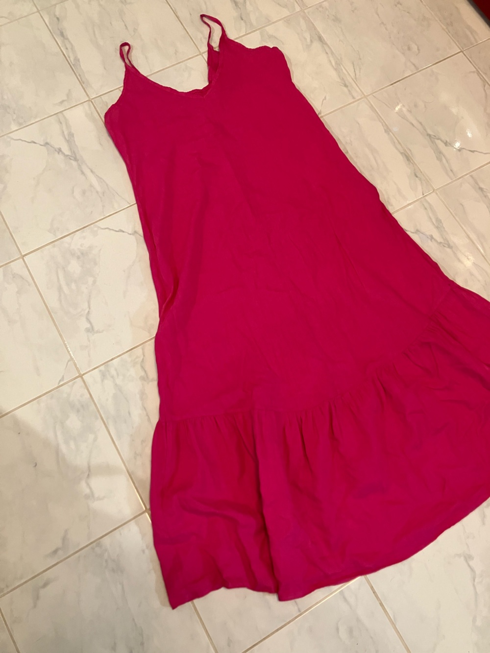 Bright Pink Maxi Dress with Flowy Tiered Skirt. Spaghetti straps. Linen!
